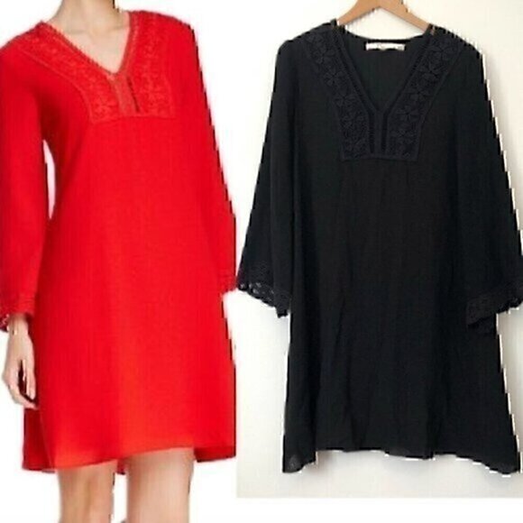 MAX STUDIO Solid Black Crochet Lace Flare / Bell Sleeve Boho Shift Dress Small - Picture 1 of 8